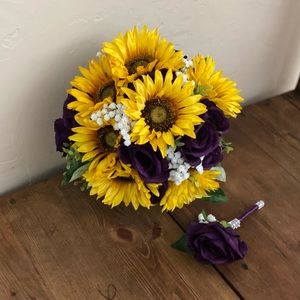 Sunflower and Purple Roses Brides Bouquet